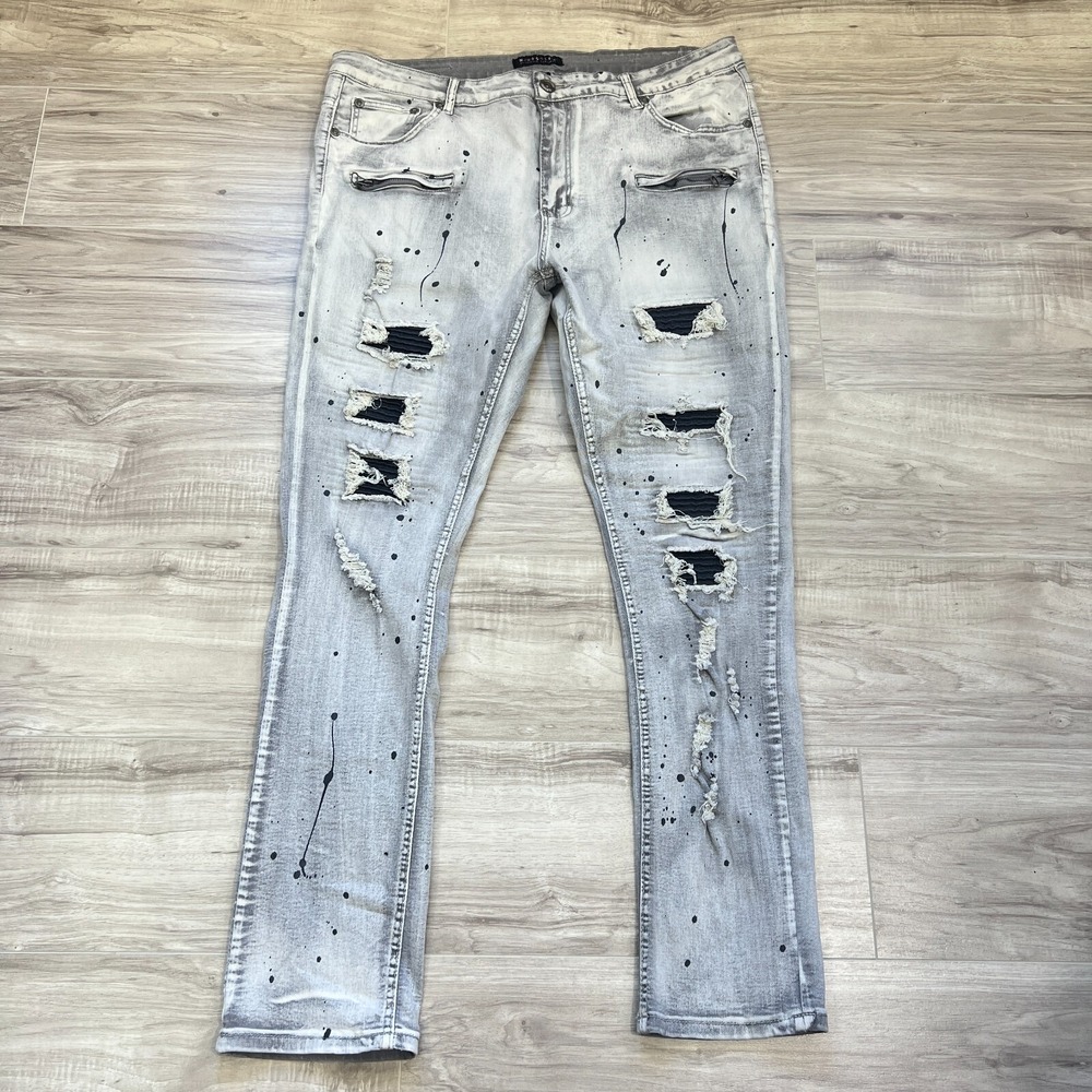 M Society Men's Distressed Skinny Fit Stripes Splatter Paint Gray Jeans  W40 L32